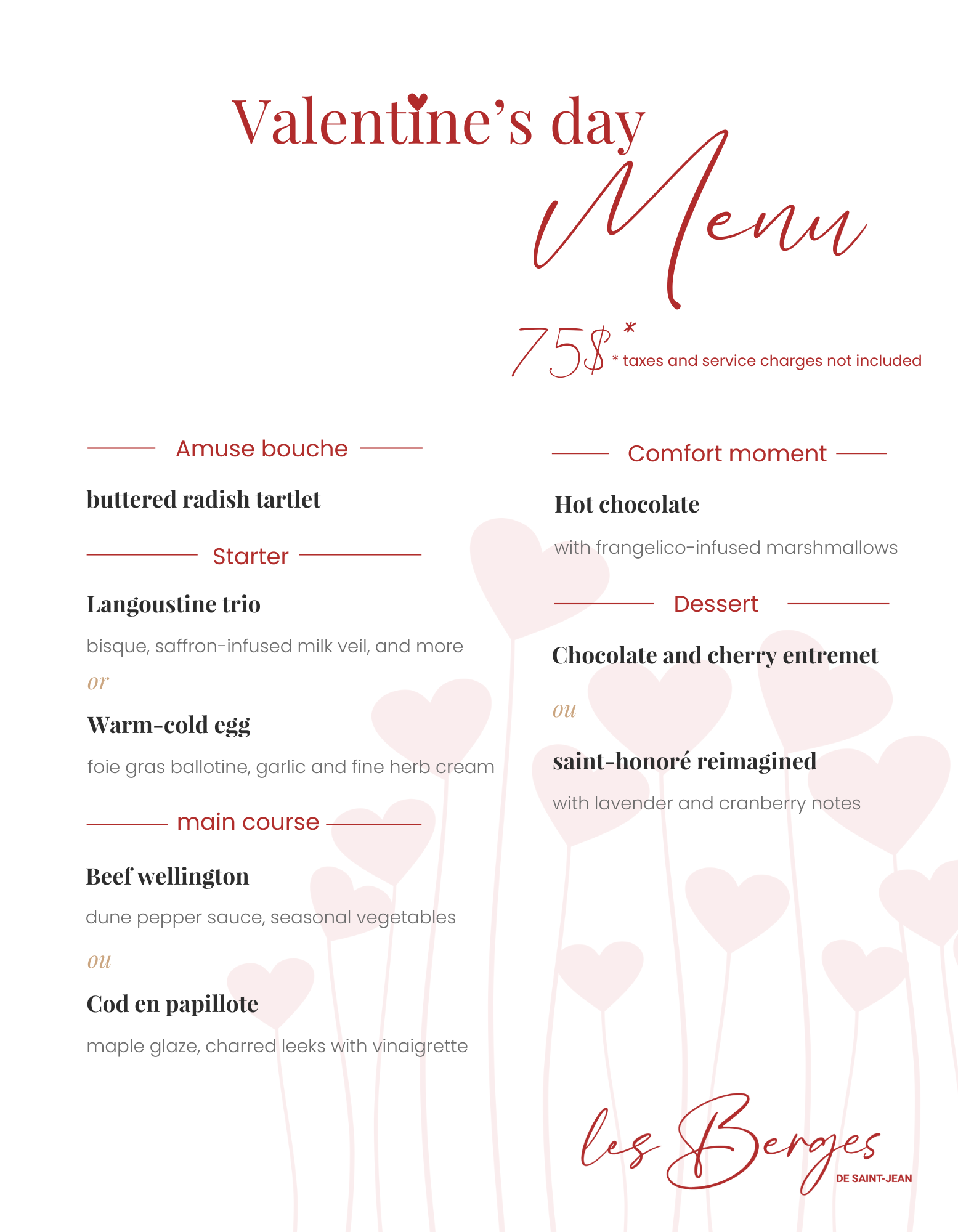 Valentine's Day Menu 2025 Restaurant Les Berges de StJean